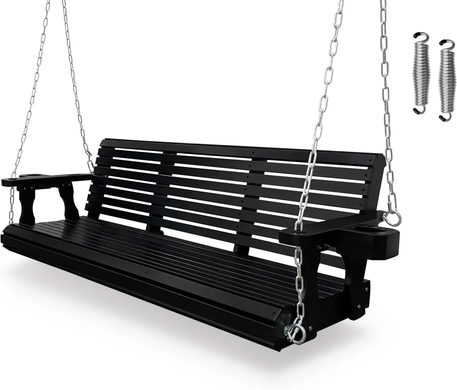 Wooden Porch Swing 3-Seater, Bench Swing with Cupholders, Hanging Chains and 7mm Springs, Heavy Duty 880 LBS