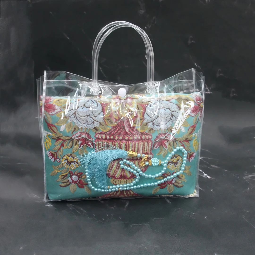 Premium Floral Embroidered Satin Islamic Prayer Mat with Matching Carry Tote Bag