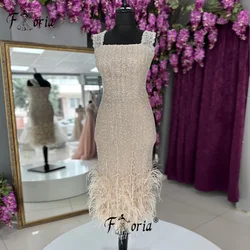 Full Beads Feathers Customized Cocktail Dress Champagne Knee Length Sleeveless Prom Party Homecoming Dress Special Occasion Wear