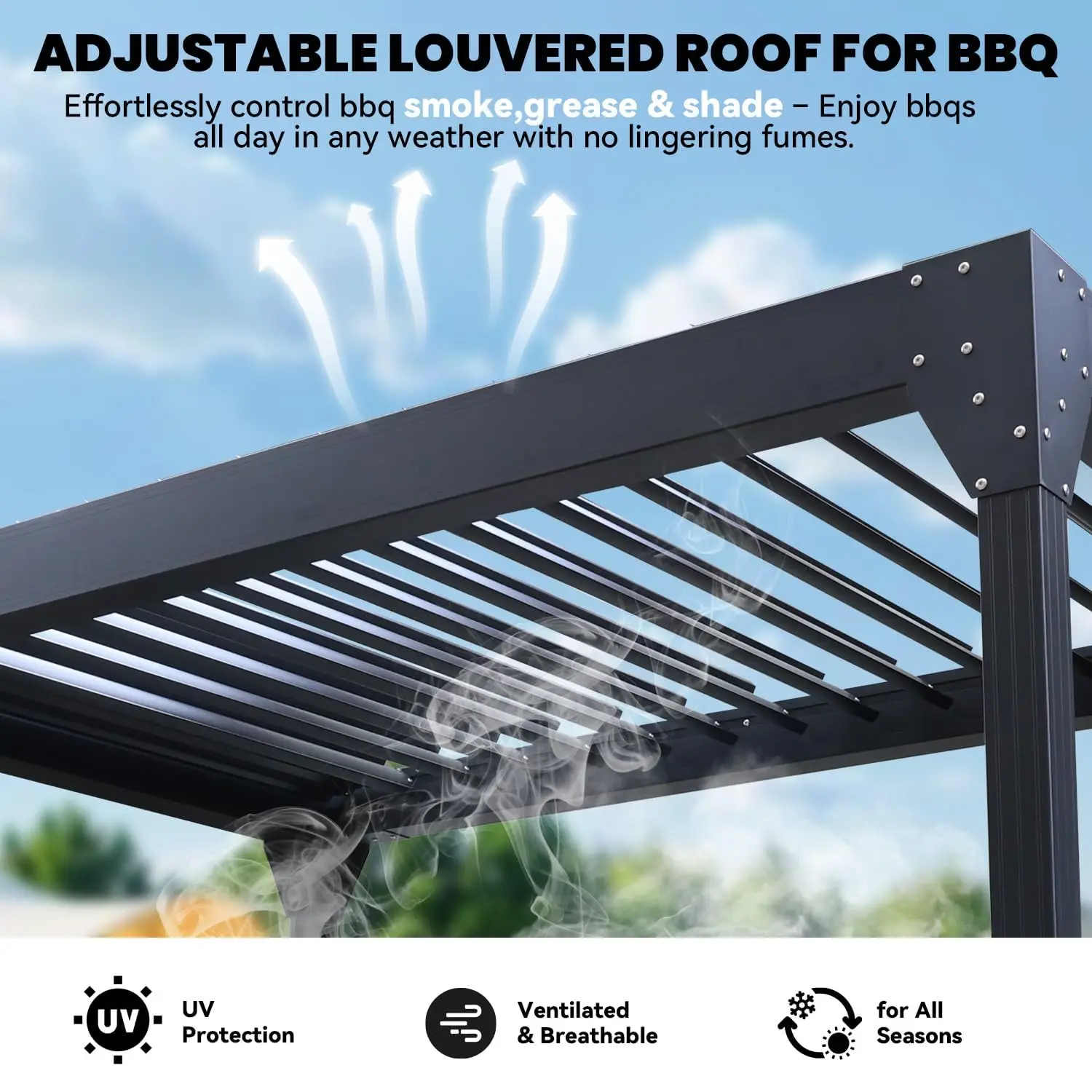 8x5 FT Grill Pergola Adjustable Louvered Roof w/ 2 Shelves | Aluminum Frame. Crank-Adjustable Roof, 100K+ Turns., Custom