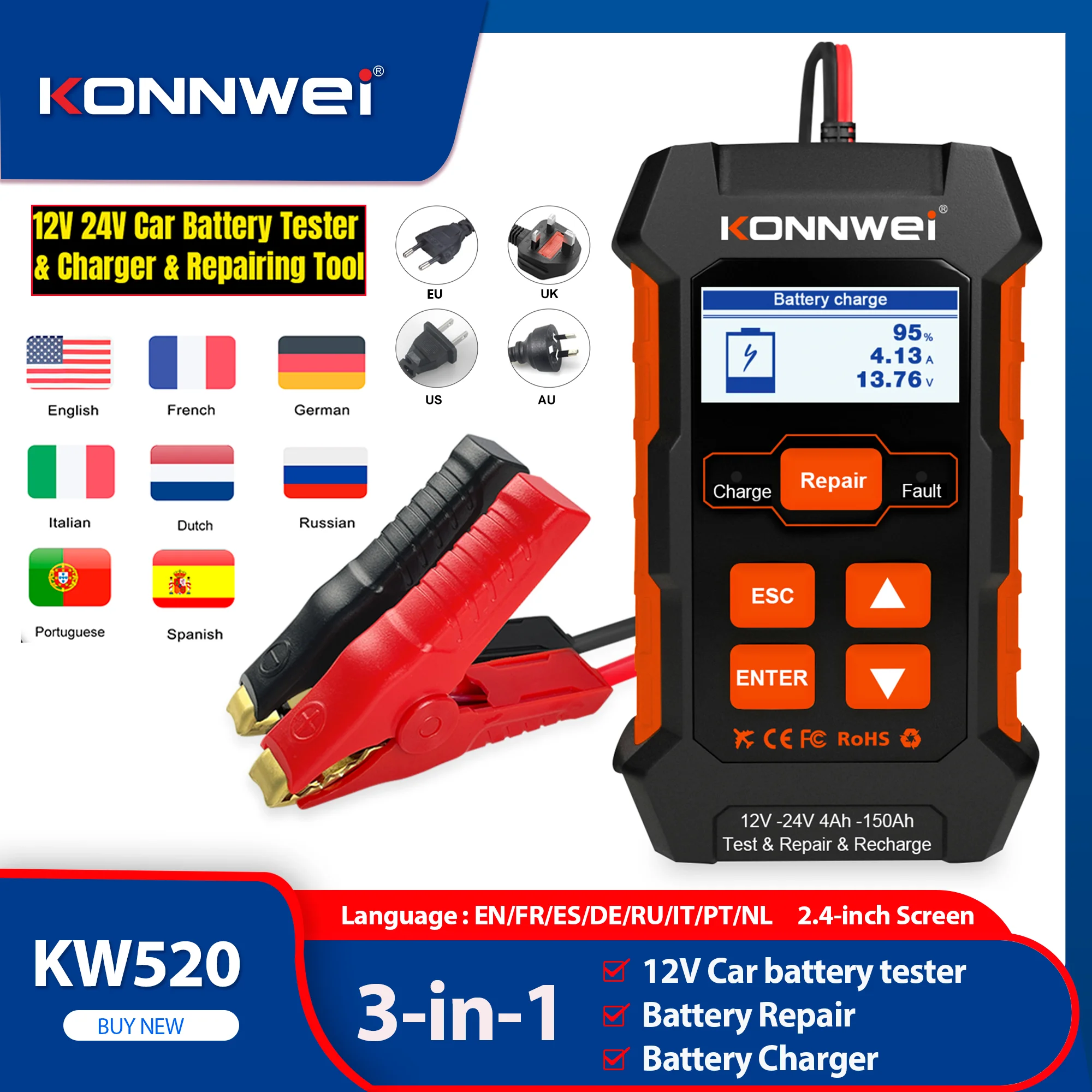 2026 KONNWEI KW520 3 az 1-ben multifunkcionális autóakkumulátor-teszter 12 V-os töltő ólom-savas autóakkumulátor impulzusjavító eszköz AGM gél lítium