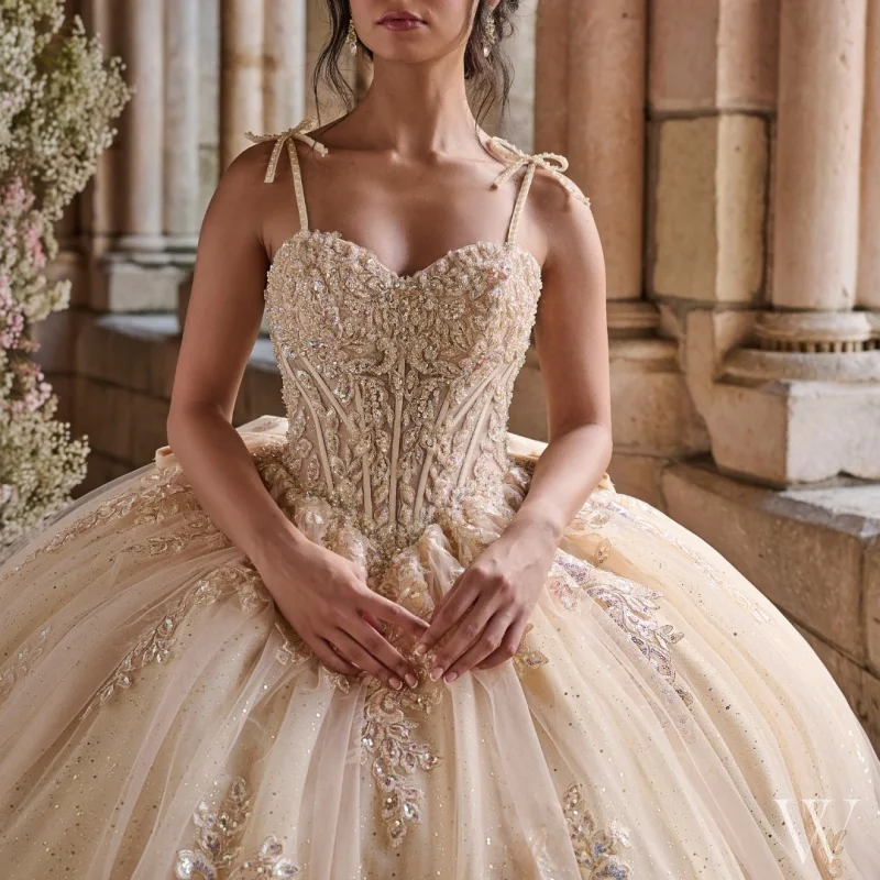 

Customized Shiny champagne color Quinceanera Dresses Off the Shoulder sequin applique Lace Long tail Vestido De 15 Quinceanera