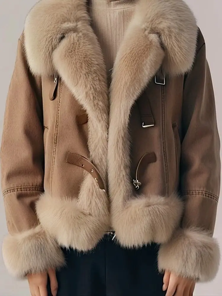 

Джинсовые пальто женские большие меховые плюшевые женские зимние бокси-кройки элегантный консервативный стиль колледжа классная подкладка с защитой от запаха лоскутное шитье Y2K