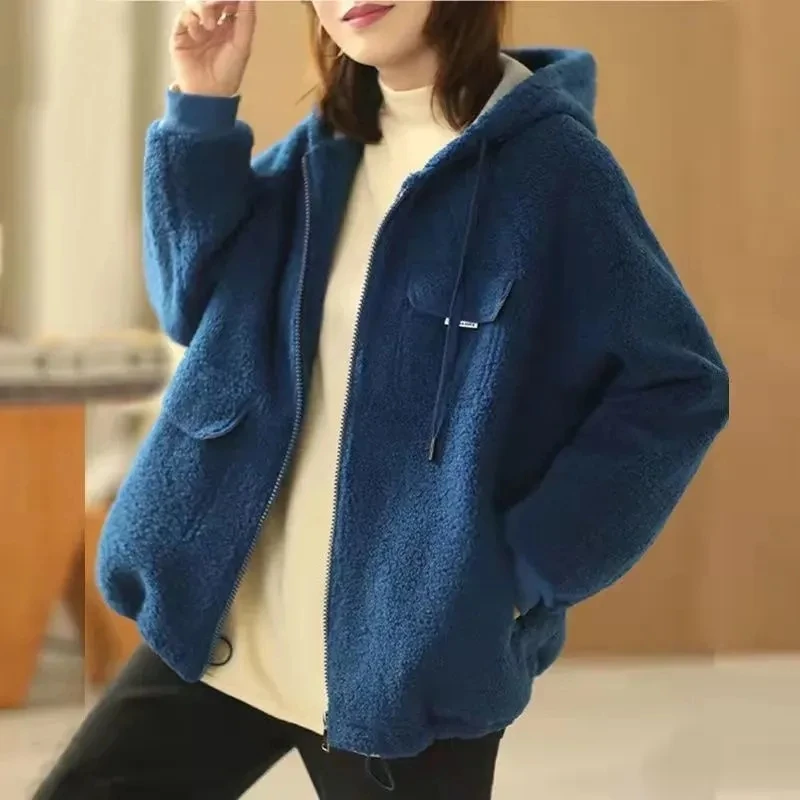 New Women Spring Autumn Jacket Thickened Hooded Casual Loose Sweater Hoodie Lamb Fur Coat Fur All-In-One Grain Velvet Tops Femal