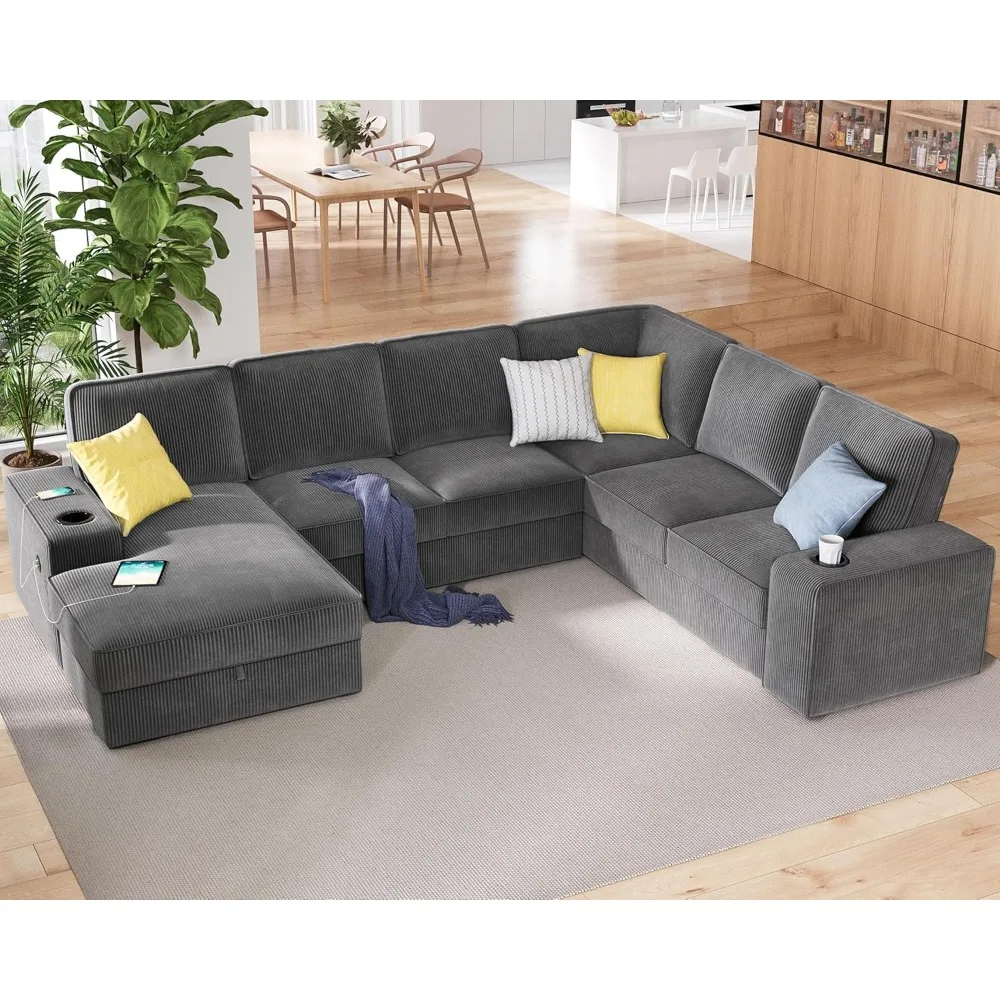 Oversized Bank, 112 Inch U-Vormige Bank Met Usb-Poorten, Sectionele Bankbank Met Opbergchaise, Corduroy Grey