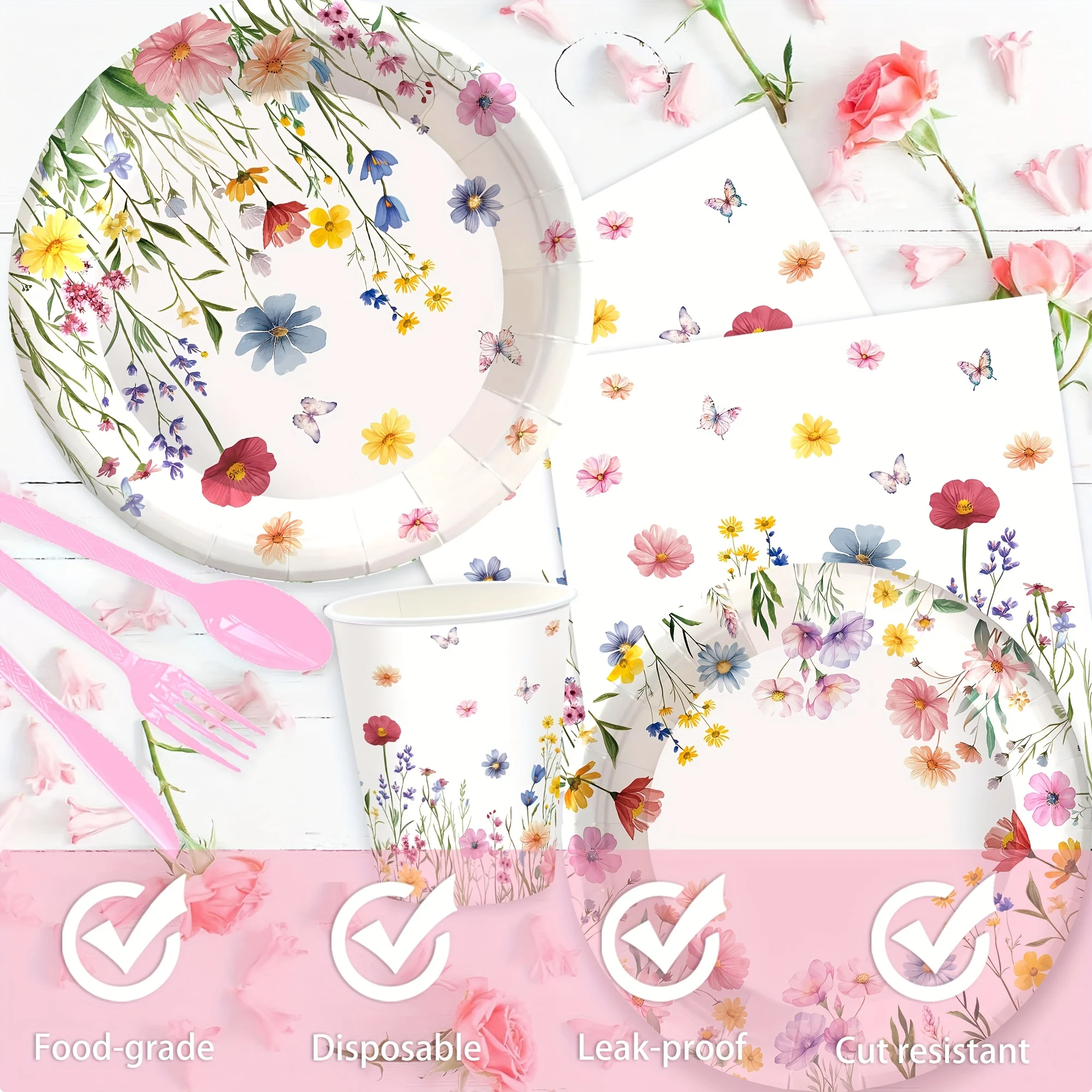 60-teiliges Wildblumen-Party-Geschirrset Blumen-Pappteller Becher Servietten Frühlings-Hochzeit Babyparty Garten-Geburtstagsdekoration – Detail 3