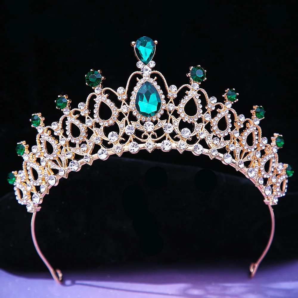 Luxury Green Color Crystal Wedding Crown Bridal Hair Accessories Women Baroque Crown Rhinestones Tiaras Bride Queen Party Crowns