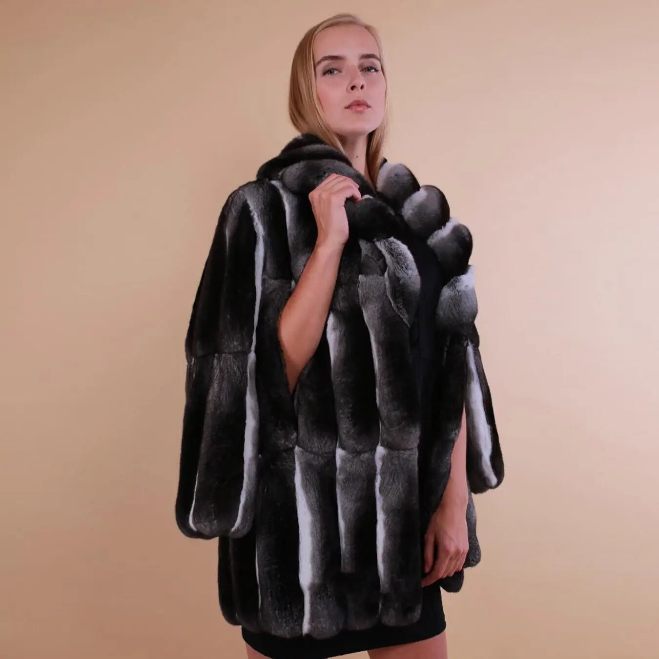 Winter Women Real Rex Rabbit Fur Coat Shawl Collar Chinchilla Color Outerwear Fashion Elegant Female Natural Fur Overcoat