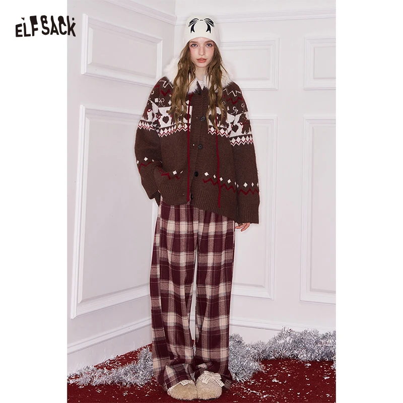 

ELFSACK Minimalist Casual Stripe Plaid Straight Floor Length Pants For Women