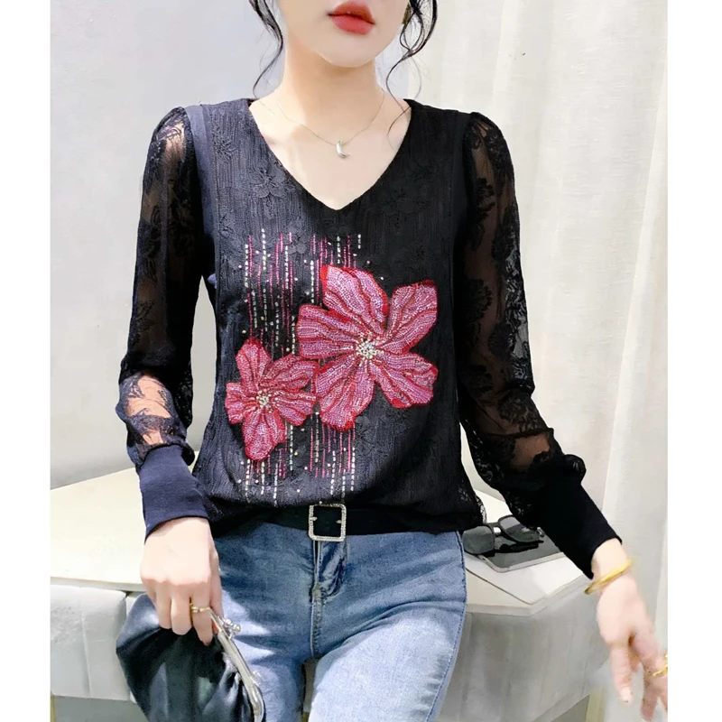 Blusa Elegante de Encaje con Control de Abdomen, Novedad de Primavera 2026, Blusa Moderna de Manga Larga, Prenda Exterior Chic para Mujer, Camiseta