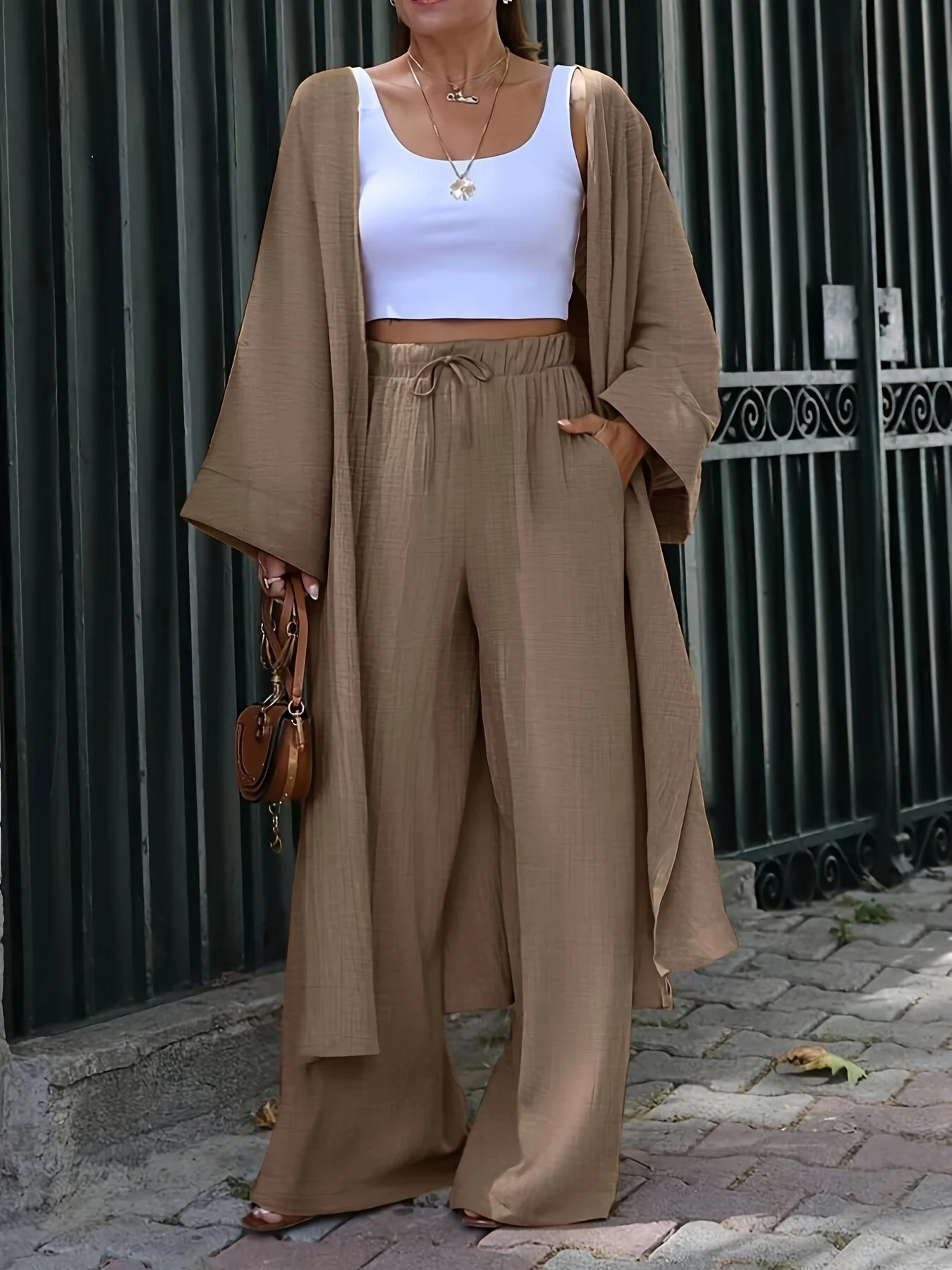 2026 Spring New Collection: Cotton-Linen Textured Loose Cardigan and Wide-Leg Pants Two-Piece Set, Casual Lazy Style Commuting and Vacation Outfit, Plus Size Women's Clothing