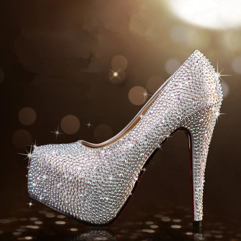 New Rhinestone High Heels Waterproof Platform Super High Heel Wedding Shoes