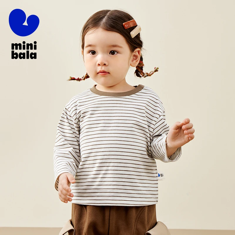 Mini Bala Long Sleeve T-Shirt for Boys and Girls 2024 Autumn Pure Cotton Striped Contrast Color Top