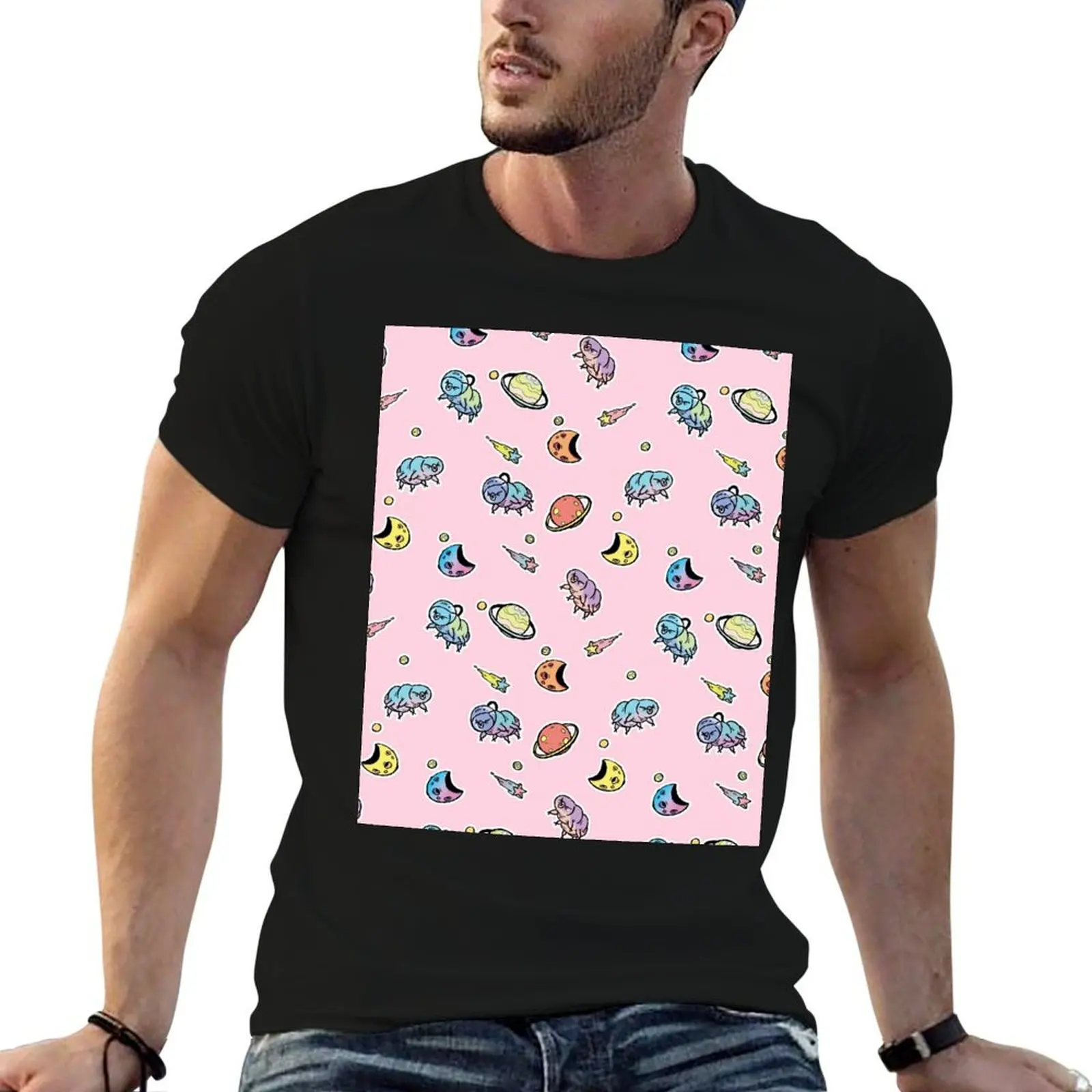 Tardigrade Space Pattern Pink T-Shirt summer tops for a boy mens fashion