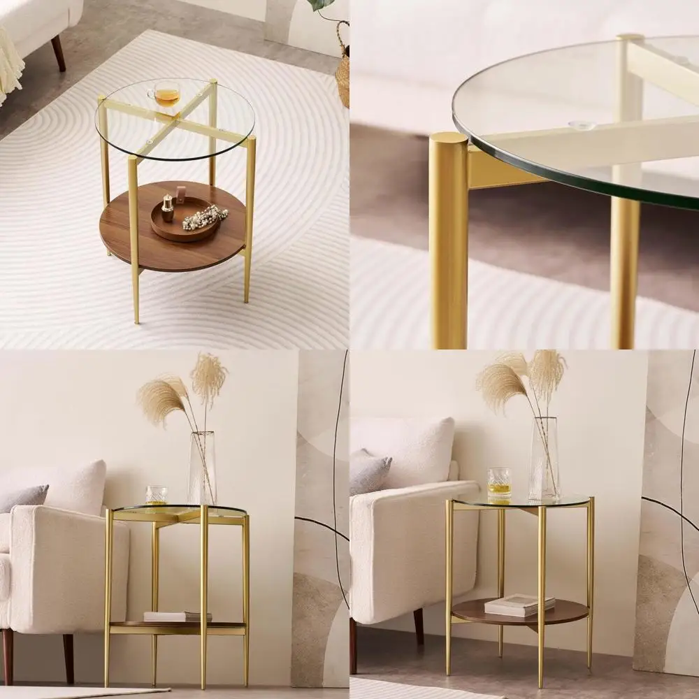 

Современный круглый стеклянный столик середины века, приставной столик для дивана в гостиной, высота 18 x 23, двухуровневый дизайн с прозрачным покрытием