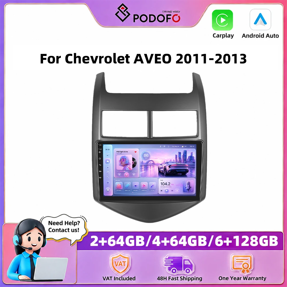 Podofo – autoradio 9 pouces pour Chevrolet AVEO 2011-2013, Carplay sans fil, Android Auto, systèmes de voiture intelligents, navigation GPS, lecteur multimédia, MirrorLink, BT, WIFI, unité principale