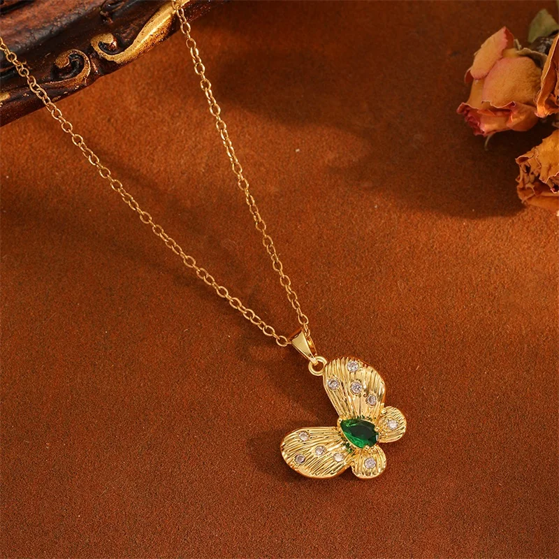 EILIECK 316L Edelstahl Grüner Schmetterling Zirkon Anhänger Halskette Ohrringe Set für Frauen Trendiges Geschenk Luxuriöser Wasserdichter Schmuck – Detail 10
