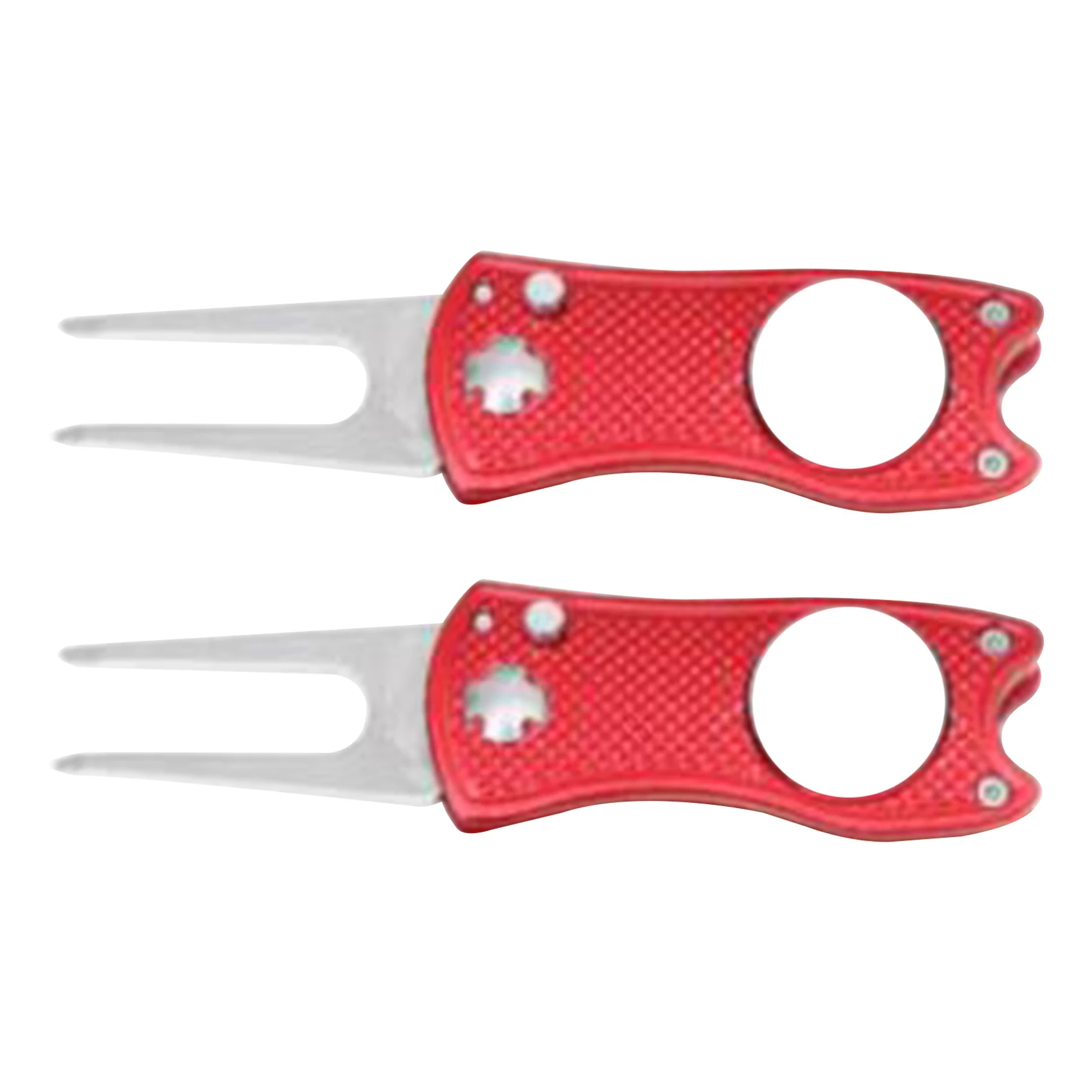 Metal Golf Fork Tool with Pop-Up Button, Stainless Steel Blades-Red