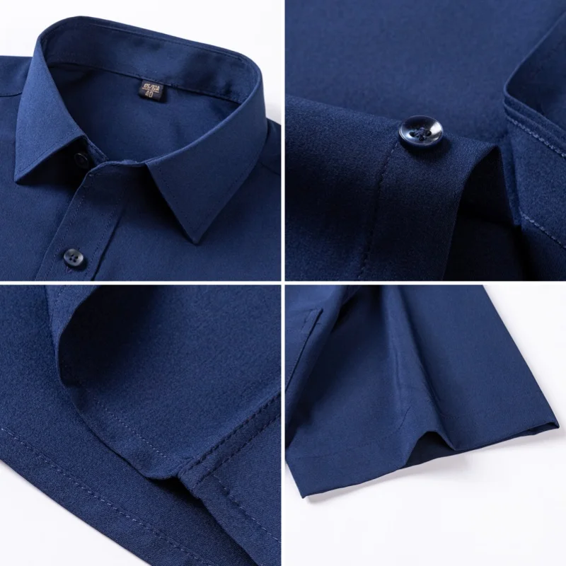 Anti-Wrinkle High Elasticity Men's Short Sleeved Bussiness Casual Solid Shirts Fashion Social Regular Slim Single Pocket Blouses
