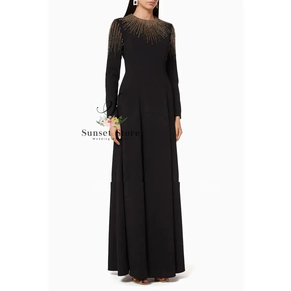 ที่กําหนดเองงาช้างประดับด้วยลูกปัด O-Neck Crepe ชุดราตรีอย่างเป็นทางการ Slim A-Line ชุดราตรียาว 2025 แขนยาวชุด