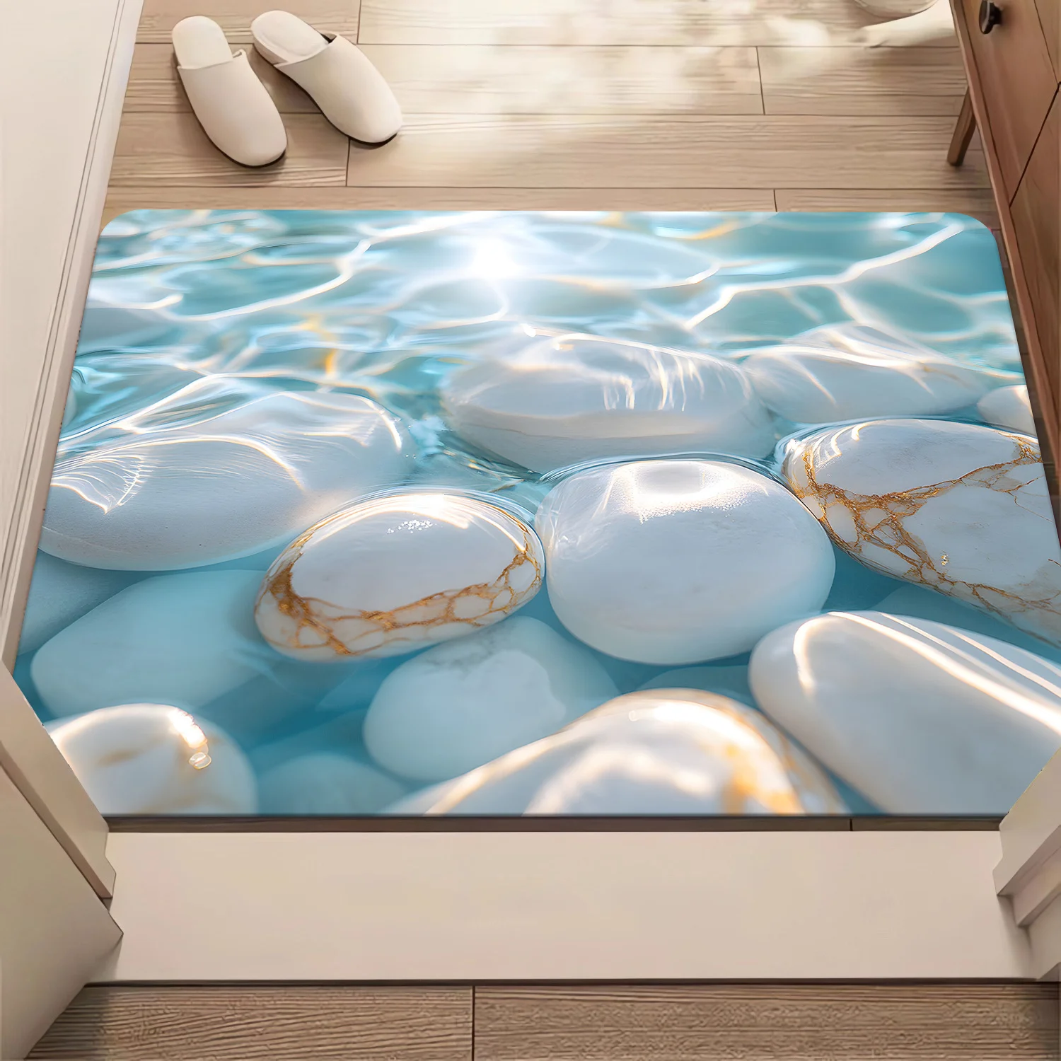 3D Pebbles Water Ripple Blue Gold Veins Floor Mat Flannel Rug 3D Printed Carpet Home Decor Bathroom Rug Anti slip Washable