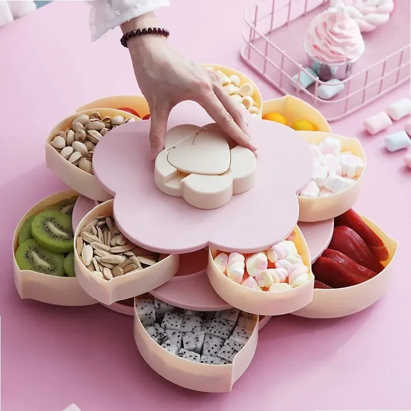 Petal Shape Rotating Candy Box, Snack Nut Storage, Flower Fruit Plate, Two-Tier Dried Fruit Organizer for Kitchen Counter