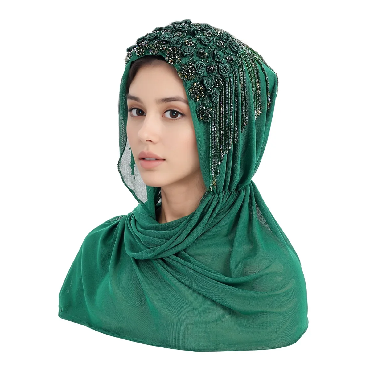 

New Ethnic Flower Tassel Long Scarf Women Muslim Hijab Hat Beading Turban Amira Head Wrap Islamic Veil Headscarf Shawls Bandanas