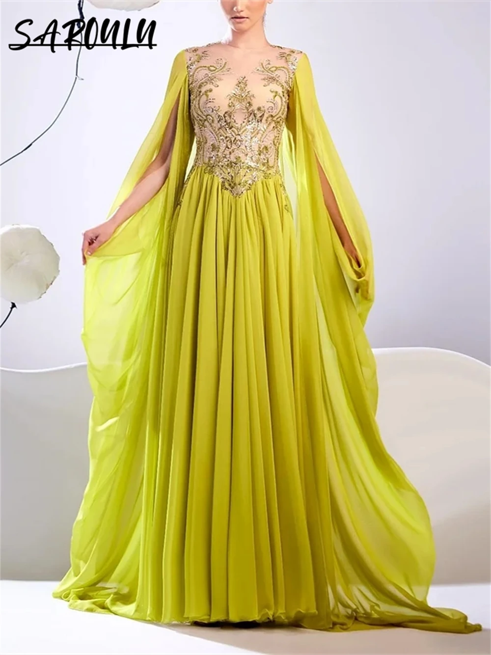 Chiffon Long Formal Occasion Dresses Cap Sleeves Prom Dress Lace Appliques Cocktail Dresses Vestidos Para Eventos Especiales