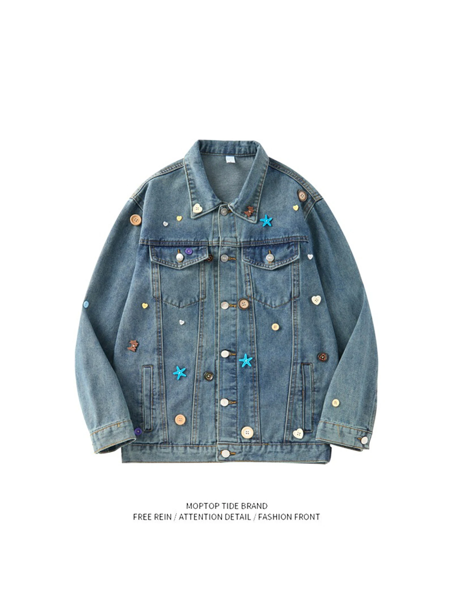 

Винтажная мужская джинсовая куртка свободного кроя с пуговицами, в стиле High Street Fashion, для осенне-весеннего сезона, молодежная.