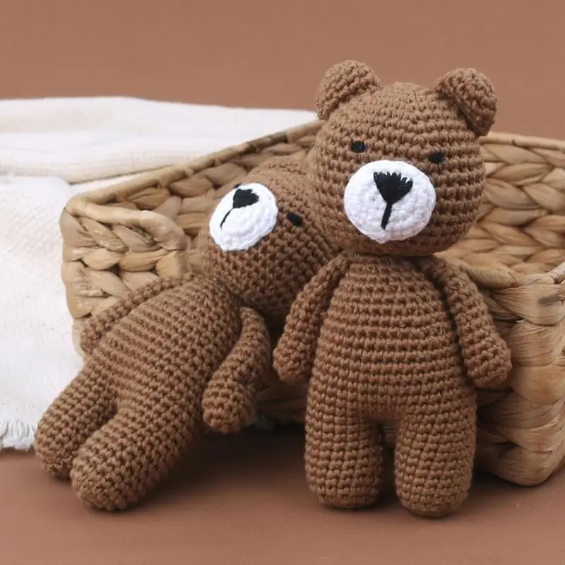 95AE Baby Crochet Bear Doll Stuffed Animal Sleeping Brown Bear Hand-Knit Toy Newborn Sleep Aid Gift Photography Prop