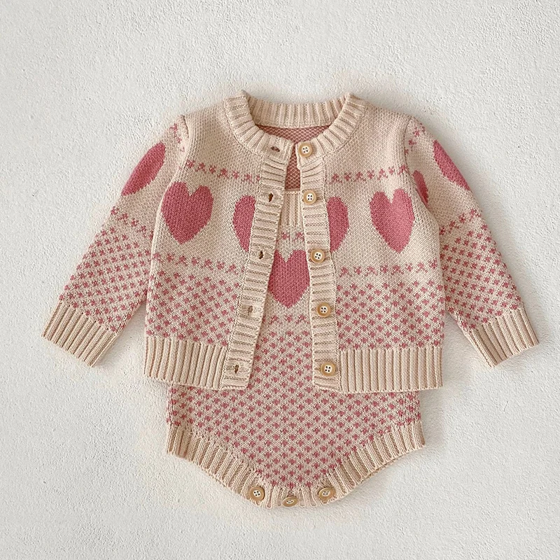 2024 New Autumn Children Knitted Clothes Suit Long Sleeved Knitted Cardigan+Jumpsuit Infant Baby Girls Knitted Clothing Set