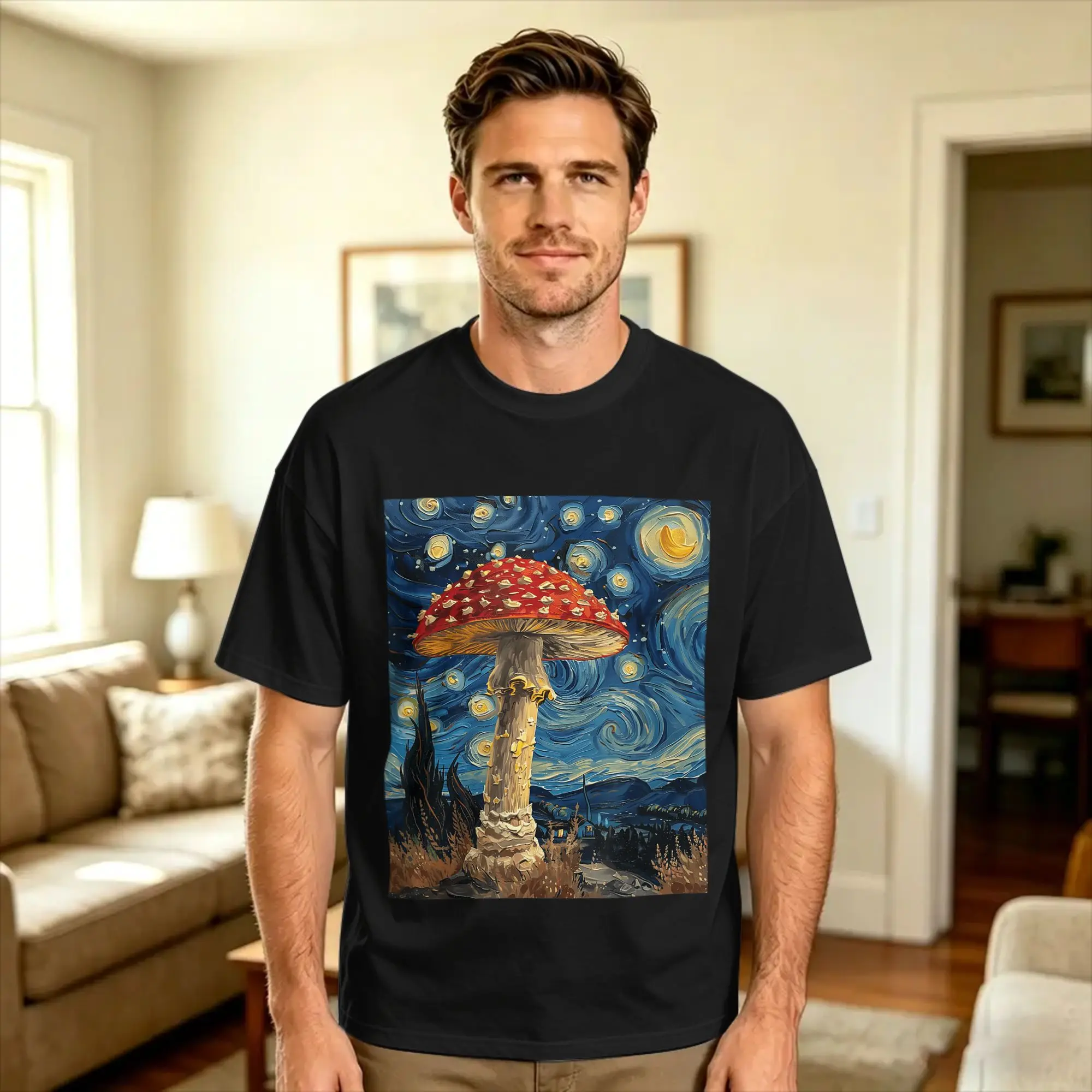 Vintage T-Shirt Summer Mushroom Van Gogh Style Starry Night Funny Graphic Fashion T Shirts  100% Cotton Tshirt for Adult