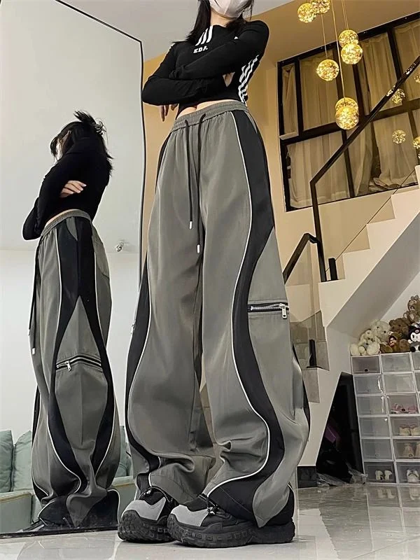 

Широкие брюки больших размеров с высокой талией, прямые, на молнии, с вставками, летние, повседневные, в корейском стиле