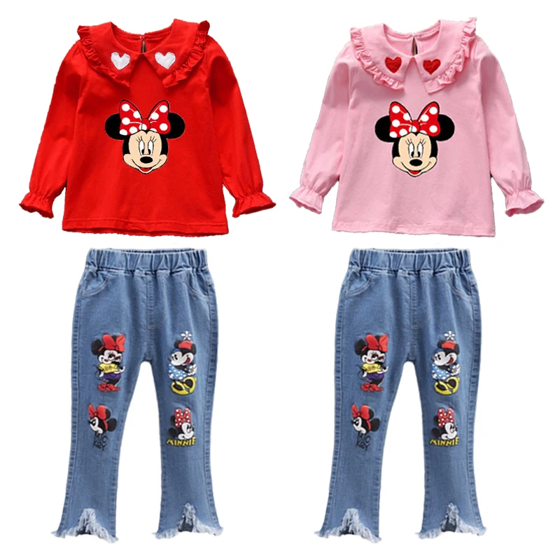 Tenue décontractée pour enfants, ensemble de vêtements pour bébé fille, col Minnie beurre, t-shirt à manches longues, jean évasé Y +, 2 pièces, nouveau