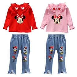 Children Clothes Set New Baby Girl Mickey Mouse Minnie Doll Collar Long Sleeved T-shirt Tops+Flared Jeans 2Pce Kid Casual Outfit