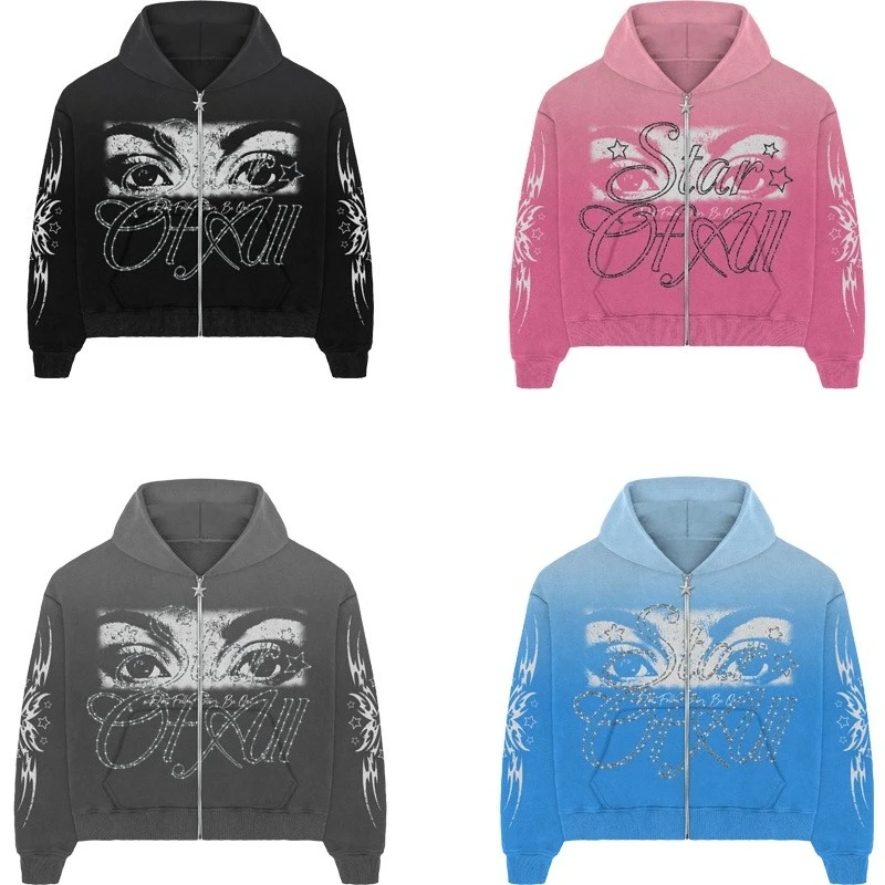 

Y2K vintage Harajuku Zip up Hoodie Oversized Unisex Street wear Beautiful Eye Graphic Printed High Quality Hoodie Men's Clothing