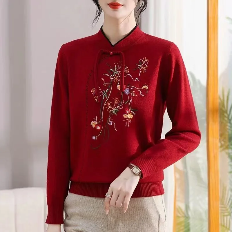 

Chinese Autumn and Winter Sweater New Knitted Base Tops Flower Embroidered Knitted Pullover New Chinese Knitted Sweater