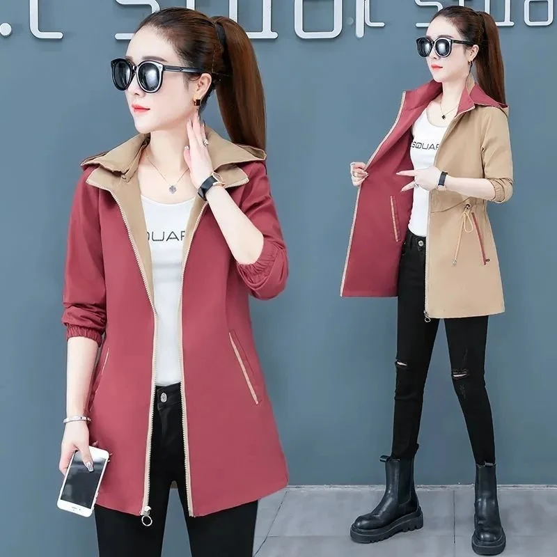 New Fashion Double-Sided Wear Trench Coat Women Mid-Longth Spring Autumn High Quality Hooded Windbreakers Female Tops Outerwear