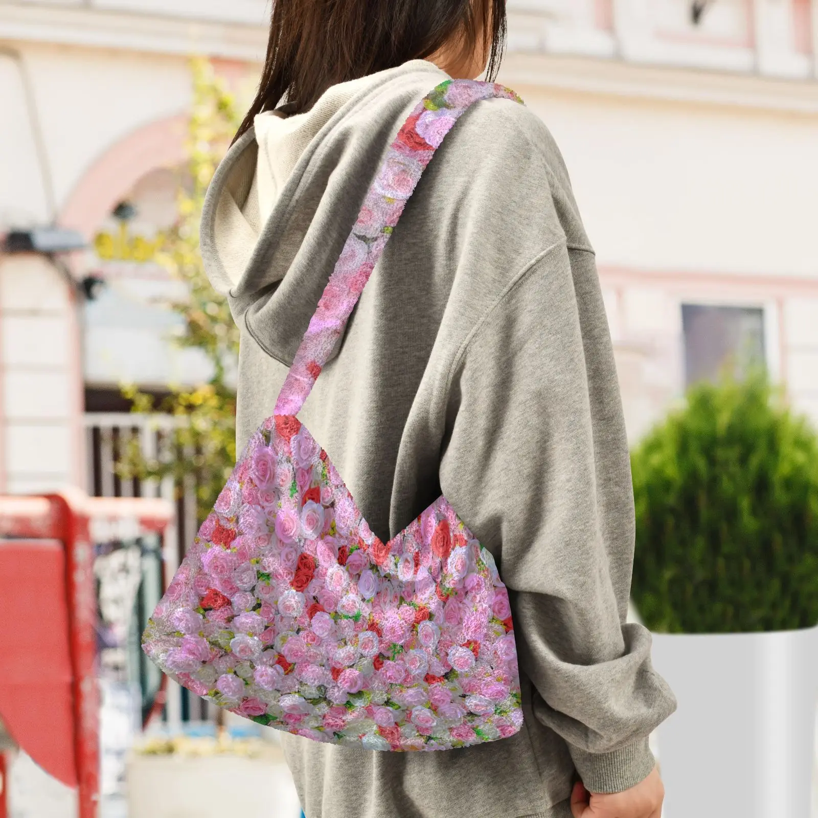 Fashion Women Plush Underarm Bags Mini Rose Print Zipper Plush Pattern Shoulder Bags For Lady Simple Portable Daily Handbags