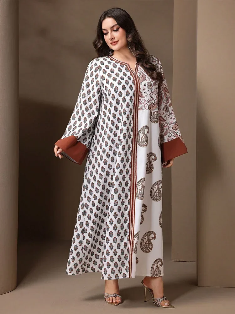 

Fashion Print Kaftan Plus Size Print Long Sleeve Loose Maxi Dress for Women Muslim Dubai Abaya Turkey Caftan Marocain Femme Robe