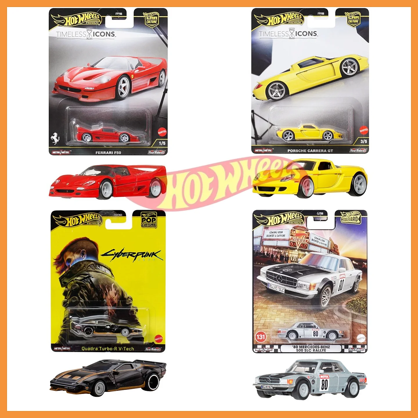 Hot Wheels Premium Cyberpunk 2077 Quadra Turbo-R V-Tech, Auto de Metal Fundido a Presión, Modelo Coleccionable Real Riders para Coleccionistas de Autos y Niños