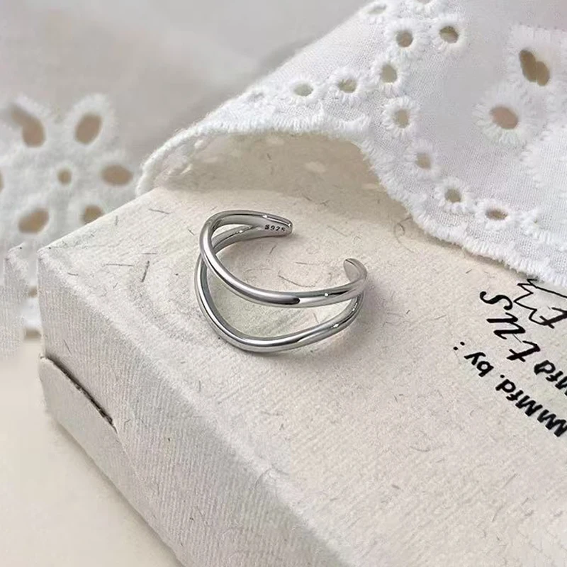 Real 925 Sterling Silver Wave Double-layer Lines Adjustable Ring For Women Cute Insect Fine Jewelry Niche Design Accessories
