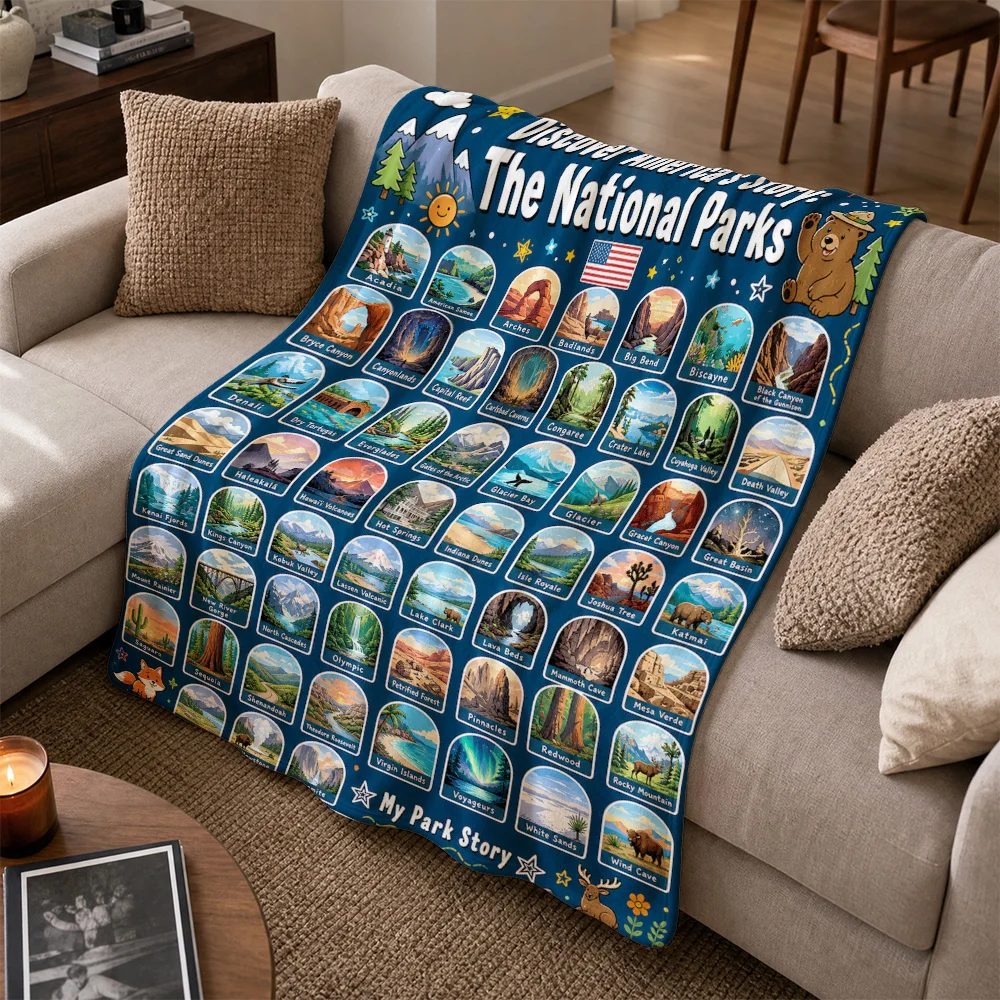 National Parks America Throw Blanket Cozy Sofa Couch Home Decor Gift US Wilderness Travel Map Print Rustic American Adventure