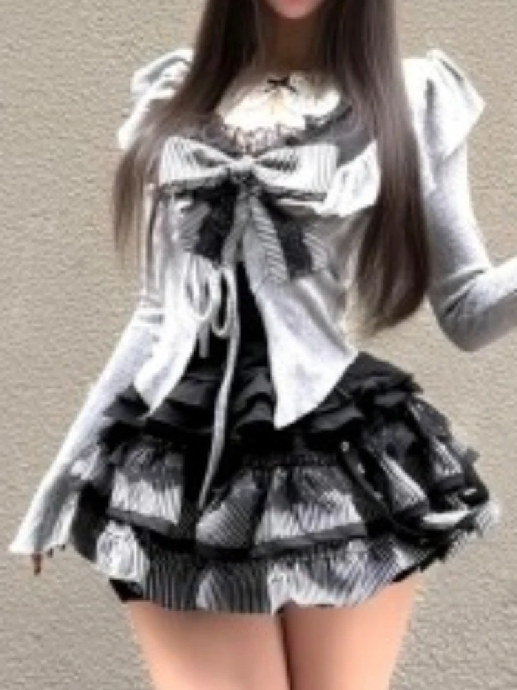 Japanese Sweet College-Style 3-Piece Set Women Gray Knit Cardigan + Halter Inner Top + Layered Cake Skirt Cute Elegant Outfit