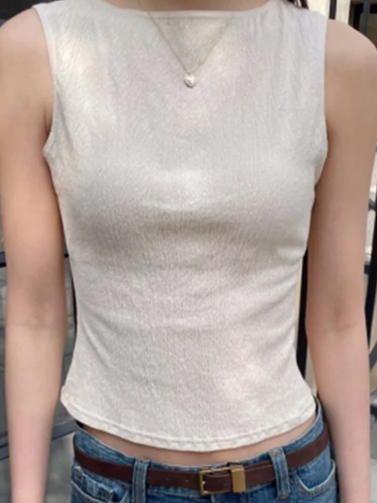 Casual Women Fashion Beige Solid Color Tanks 2023 Summer Vintage O Neck Sleeveless Female Chic Tops