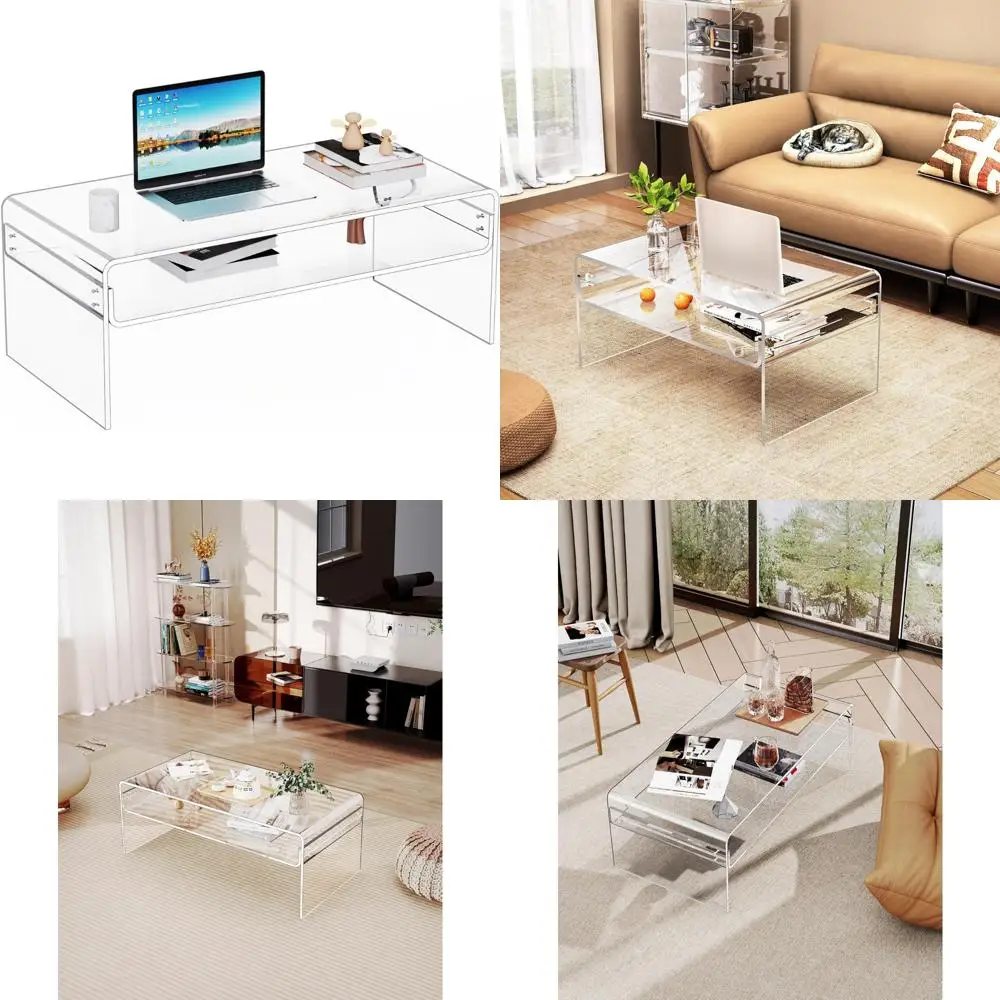 

Прозрачный прямоугольный акриловый журнальный столик с открытой полкой для хранения для гостиной