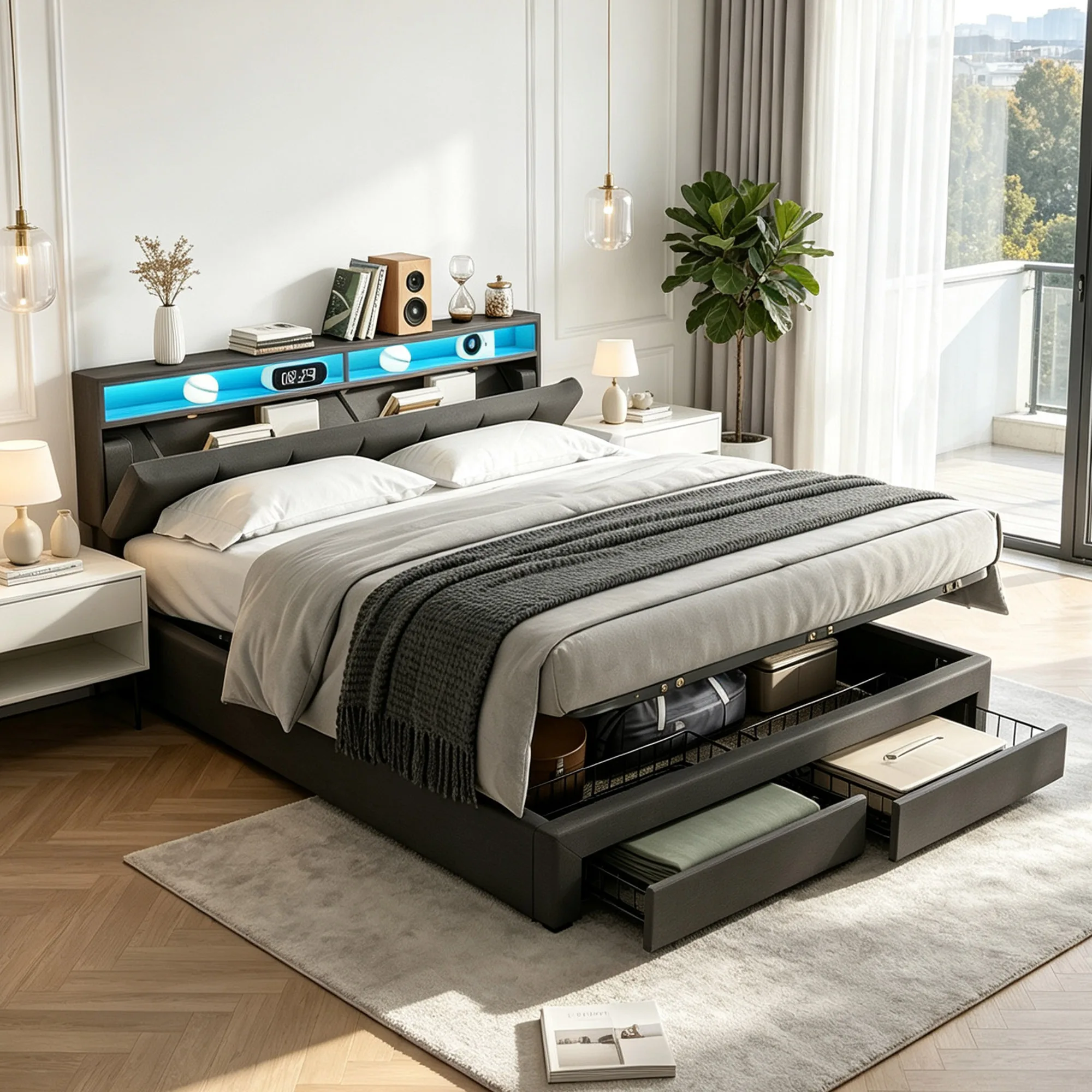 Comanlai Doppelbett Kingsize-Bett 180x200 cm Gästebett ﻿ Primärbett, grau, mit Leinenbezug, Bettgestell mit Stauraum und 2 Schubladen, hydraulischem Aufklappsystem und Holzlattenrost, Traglast 300 kg.
