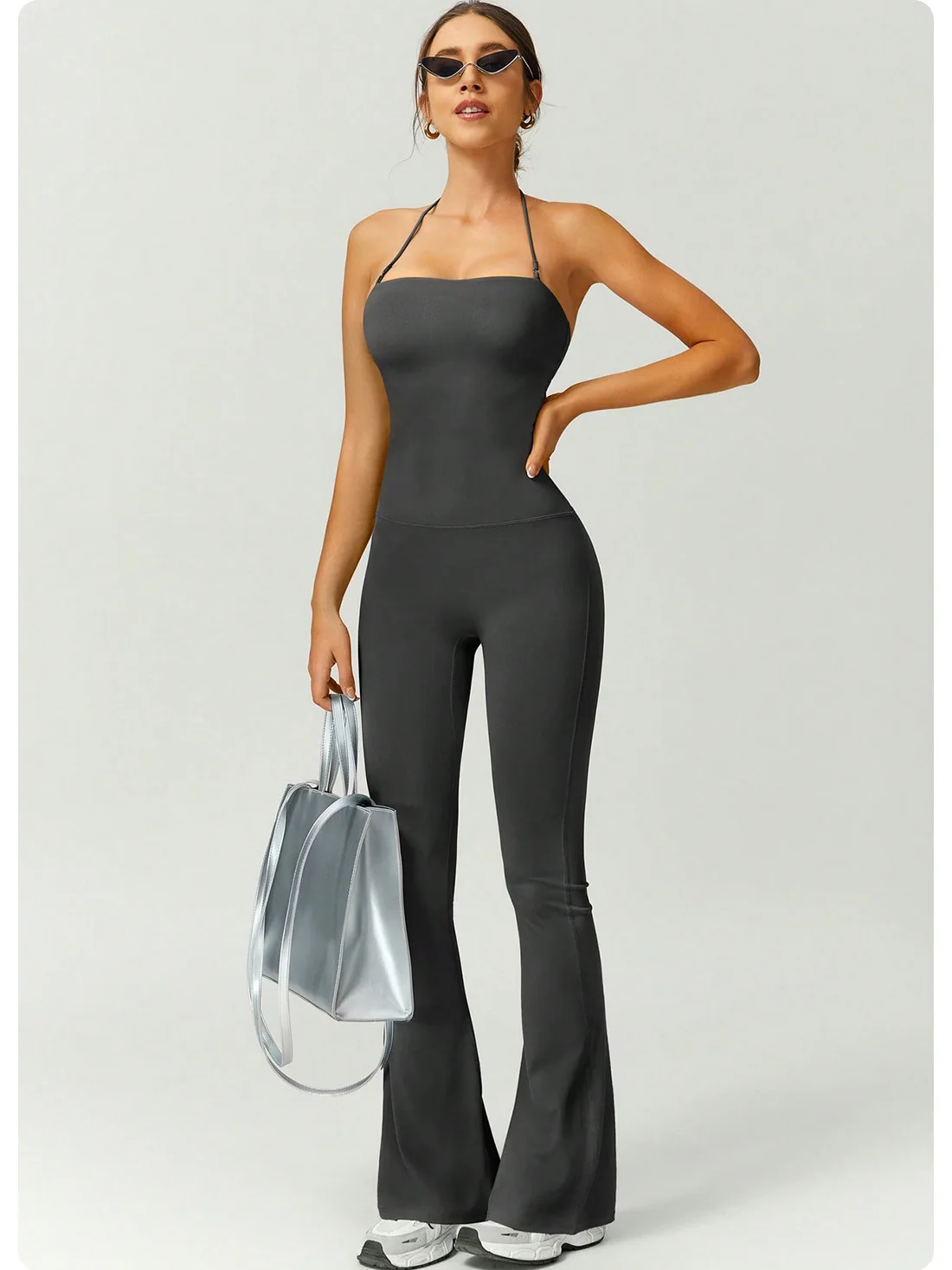 Women Halter Yoga Jumpsuit Scrunch Butt Flared Backless Bodysuit Seamless Nylon Spandex Buttery Soft Gym Workout Athletic Onesie