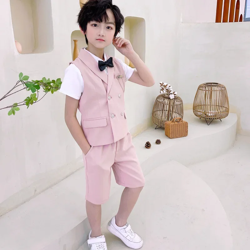 

Boys Summer Solid Vest Shirt Shorts Formal Dress Costumes Kids Waistcoat Cool Clothes Sets Child School Uniforms Toddler Tuxedos