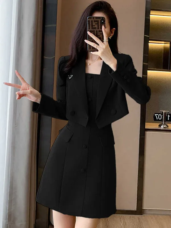 

Spring 2026 Women's Business Casual Short Suit Jacket And Dress Set Two-Piece Set Long Sleeve Collar Button-Up Polyester...